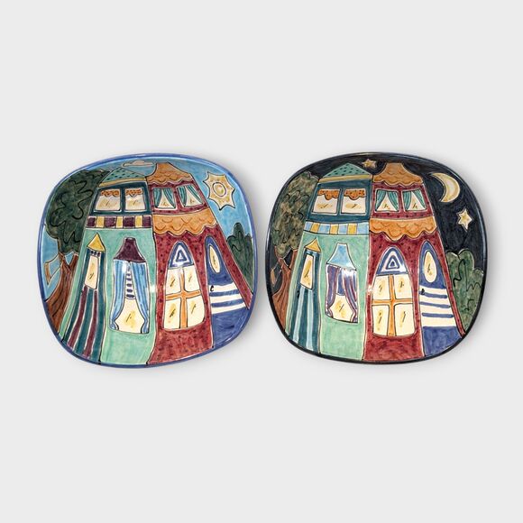 CJ Niehaus 2 Art Pottery Bowls Signed Whimsical House Design Day & Night 7" 1997 - Picture 1 of 14